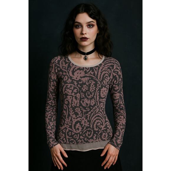 Burnout Mesh Pink Charcoal Semi-Sheer Layered Long Sleeve Top Whimsigoth Moody - Picture 1 of 8